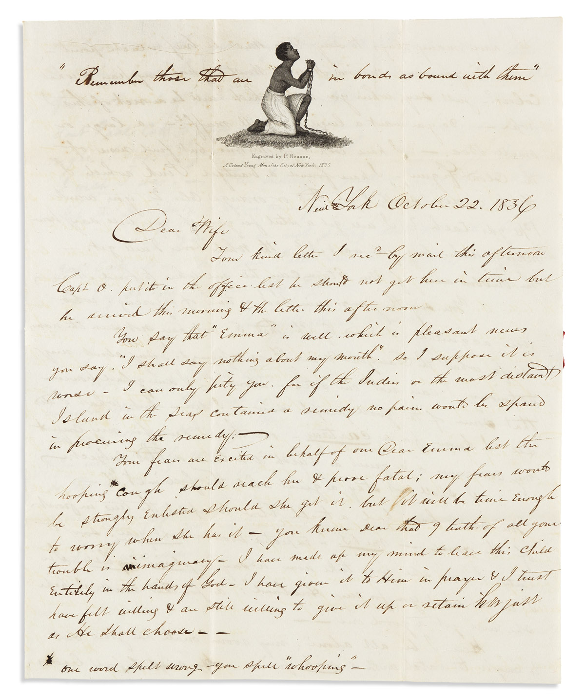 (SLAVERY & ABOLITION.) Letter written on stationery, with the famed engraving by Patrick Reason.